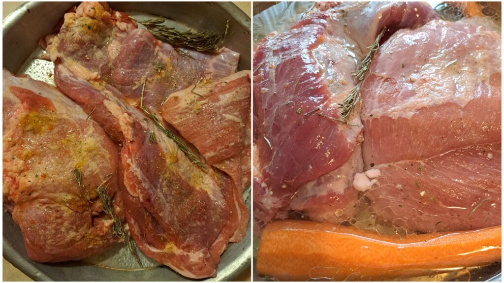 Two combined images showing pork pieces in a round tray, first seasoned and then filled with water before baking.
