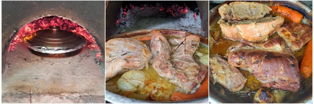 Three combined images showing the wood oven tray first covered with lid and foil, then uncovered for roasting, and finally perfectly baked golden pork.