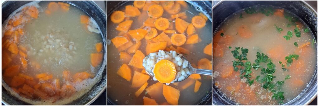 Three-step collage showing barley carrot parsley soup simmering and cooked in a pot.