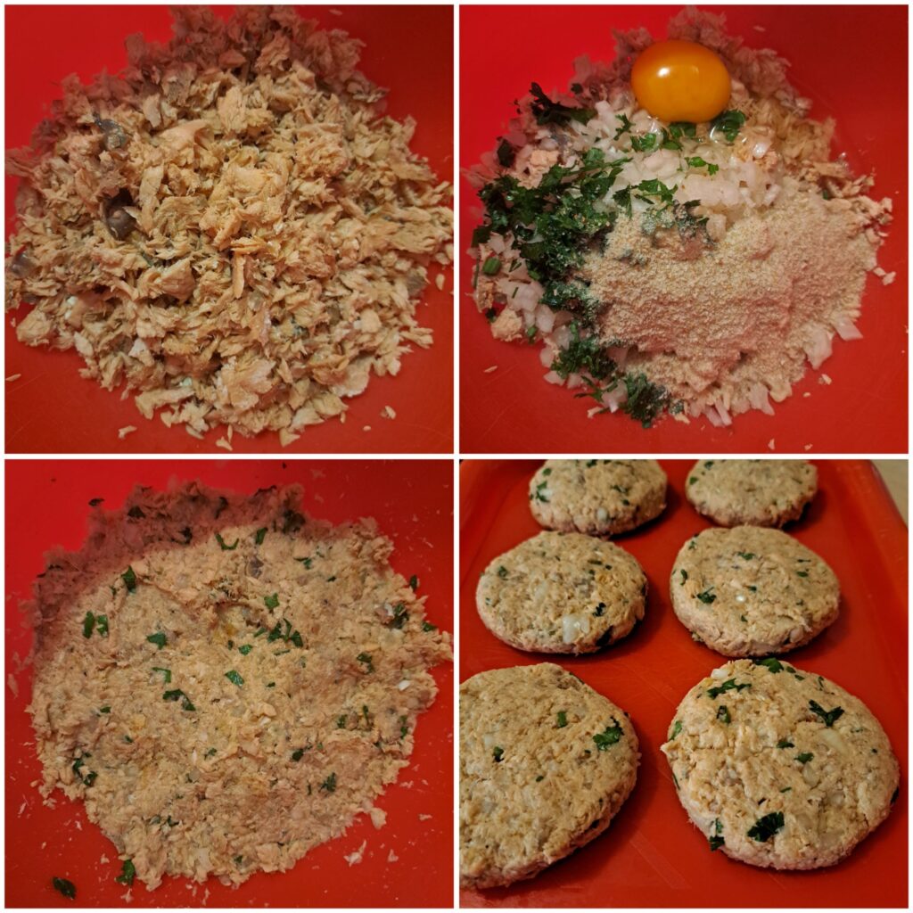 Step-by-step preparation of Salmon Cakes with Microgreens mixture - chopped salmon, mixed ingredients, and shaped cakes ready for frying.