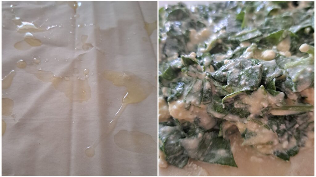 Process of layering pastry sheets, brushing with melted butter, and adding spinach cheese mixture.