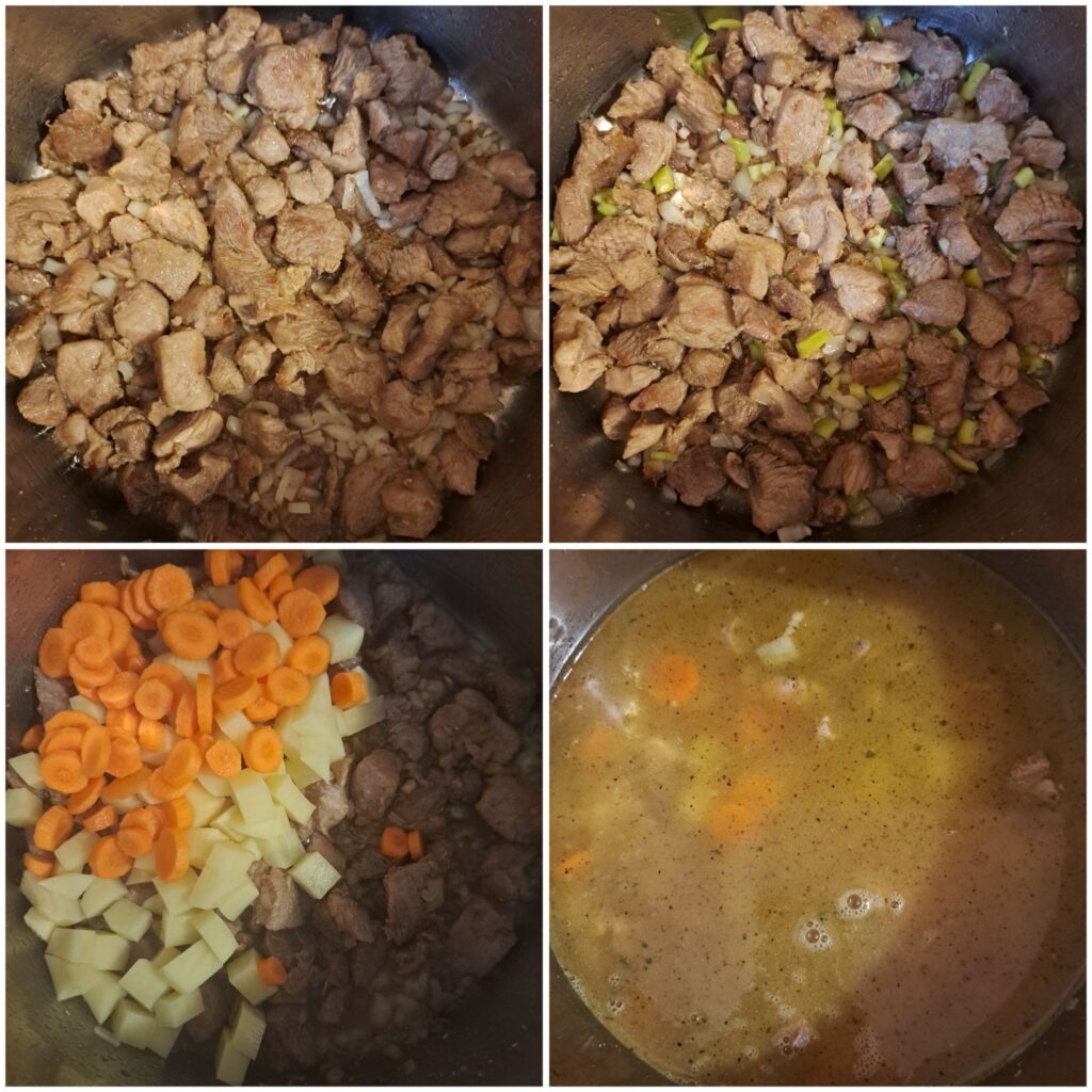 Four preparation stages: sautéing the meat, adding chopped onion, pepper, and garlic with spices, and pouring water into the pot.