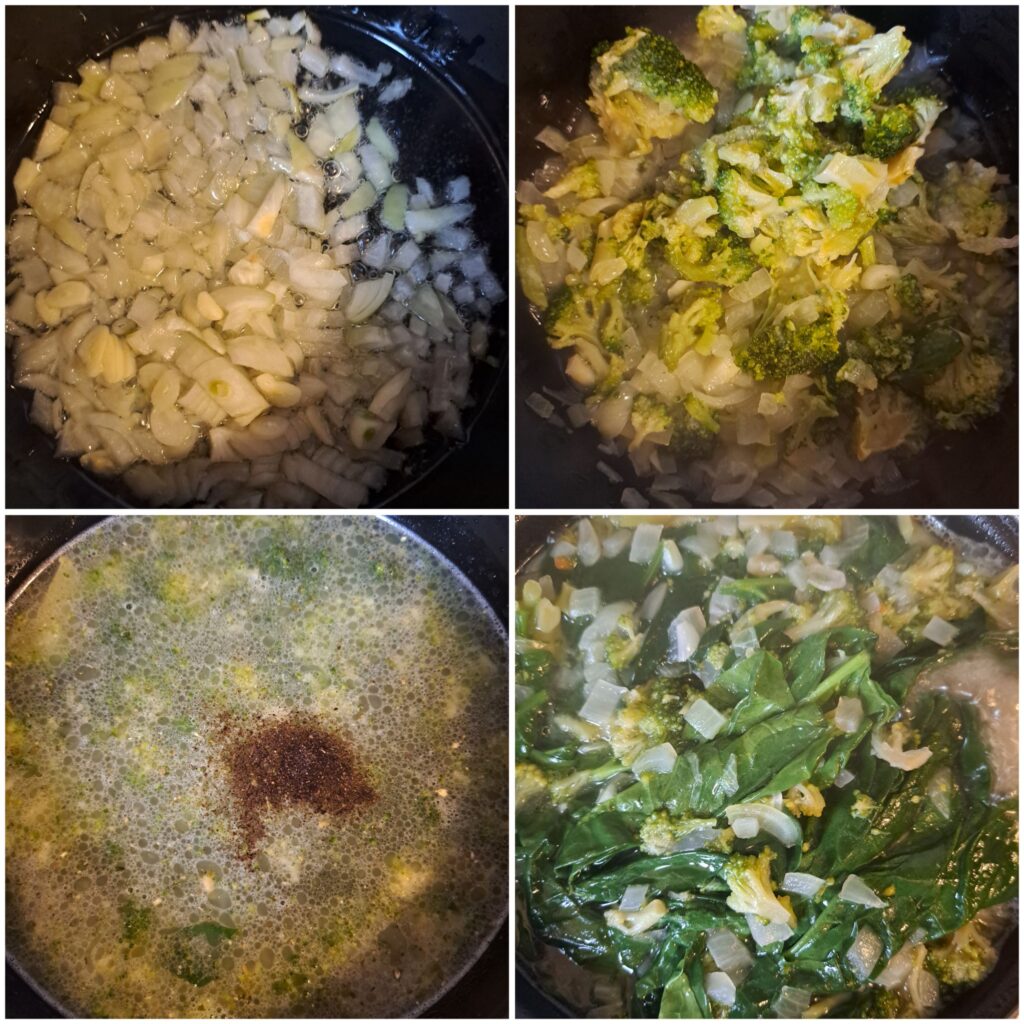Step-by-step collage showing how to sauté onions and garlic, add broccoli, vegetable broth, and spinach for the soup.