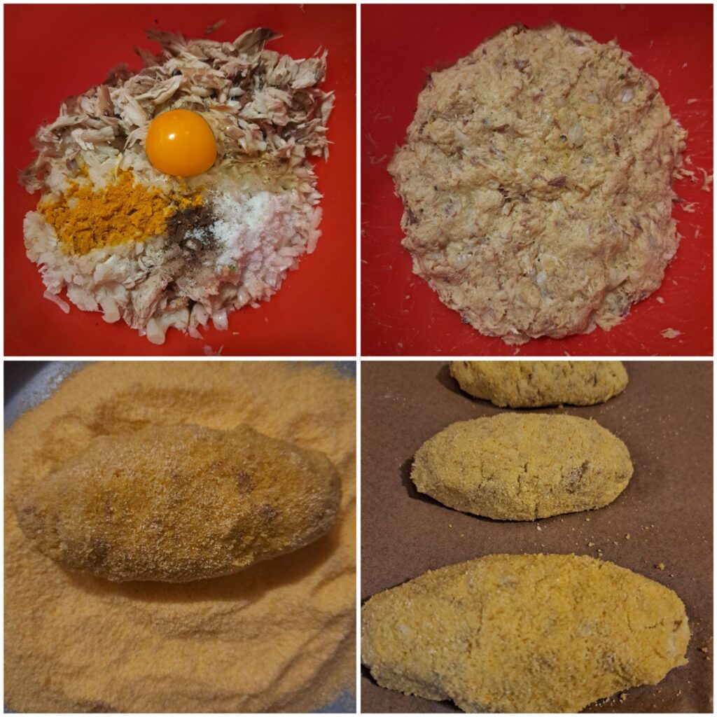 Steps showing mixing ingredients, shaping patties, coating them in cornmeal, and placing on parchment paper.