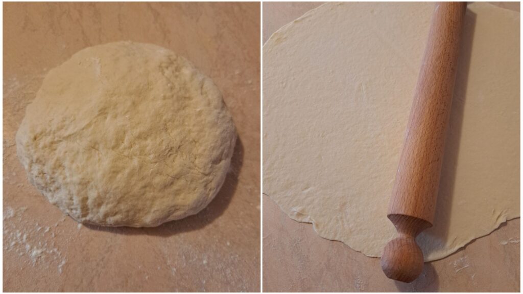 A ball of dough on a floured surface next to a thin rolled pasta sheet, ready for drying.
