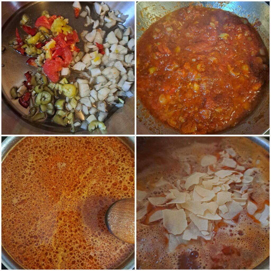 Four-step collage showing sautéed onion and peppers, added tomato and ground red pepper, water being poured, and broken pasta sheets added to the pan.
