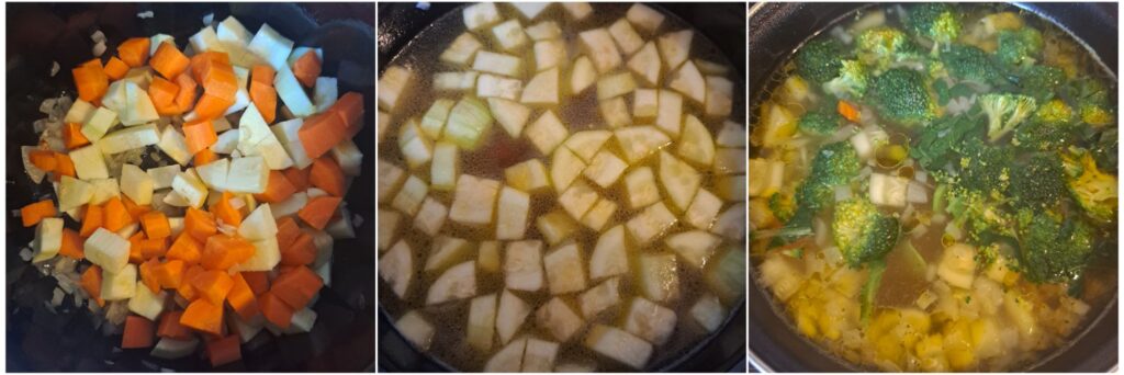 Three-step collage showing sautéed onion and garlic, added chopped vegetables, and broccoli simmering in vegetable broth.
