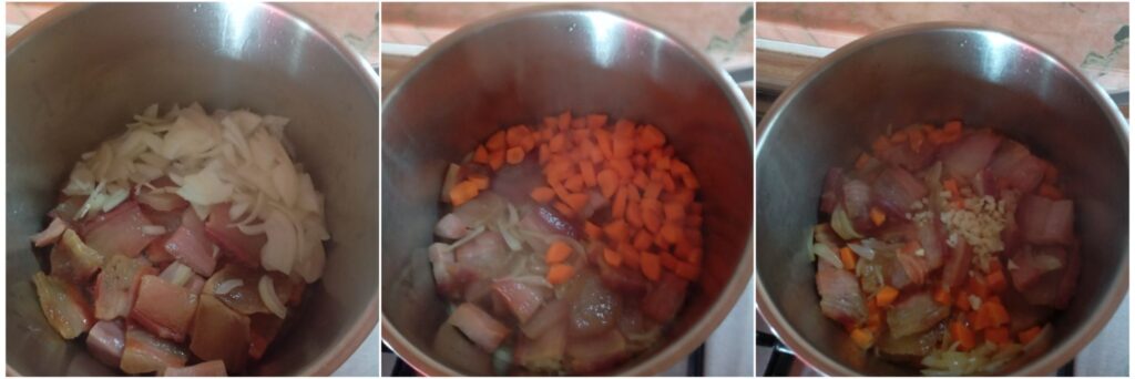 Pancetta, onions, and carrots sizzling in a pan with oil, preparing the base for Savory Cabbage Pancetta Stew.