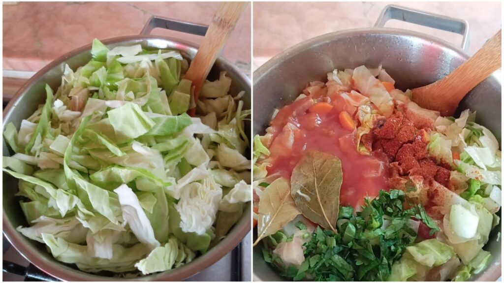 Cabbage, celery, and seasonings cooking in a pan with tomato passata.