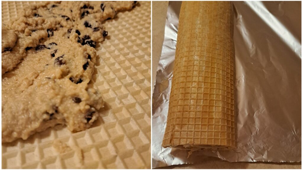 Split image showing spreading the cream on a wafer sheet and a rolled wafer ready for the fridge.