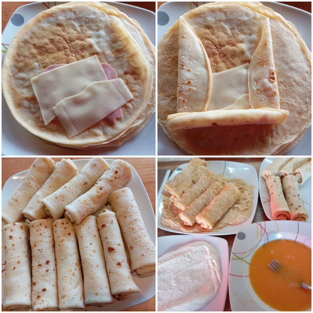 Step-by-step preparation of Crispy Ham Crepe Rolls showing rolling, coated crepes, and plates with flour, eggs, and breadcrumbs.