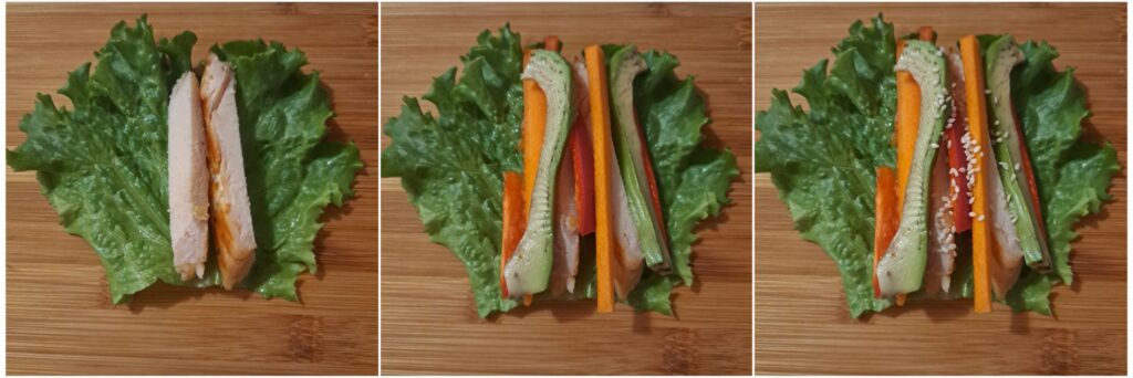 Preparing chicken and vegetable wraps in lettuce leaves with chicken strips, cucumber, red pepper, avocado, carrot, and sesame.