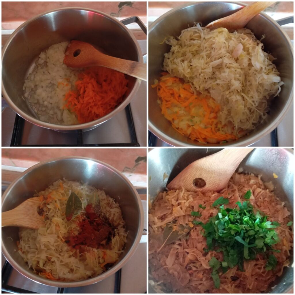 Four-step images showing preparation of braised cabbage, including sautéed onion, grated carrot, added sauerkraut, and final seasoned cabbage in a pot.