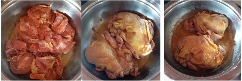 Three-step images showing chicken drumsticks frying in a pan, adding water to cook, and finished golden chicken ready to serve.