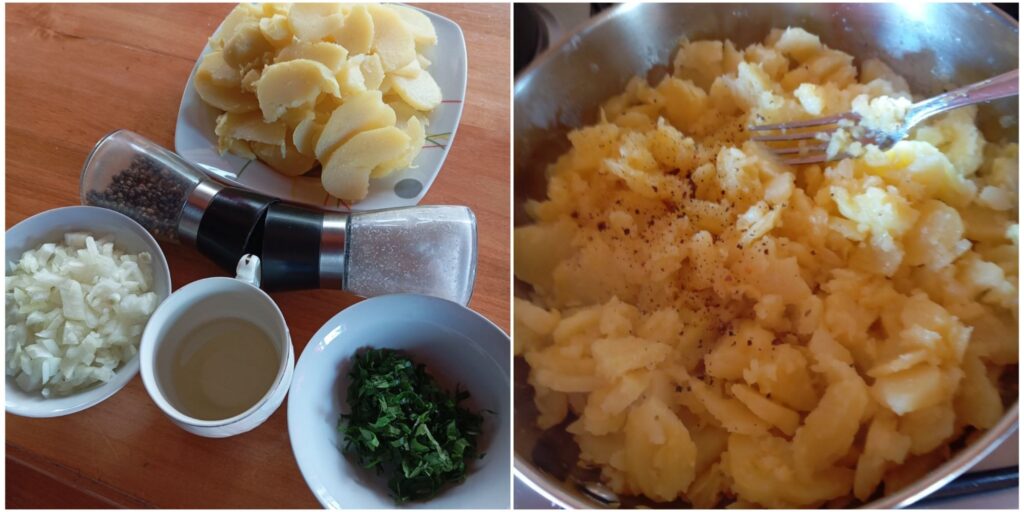 Two images showing ingredients for mashed potatoes on a table and sliced potatoes mixed with sautéed onion in a pan for cooking.