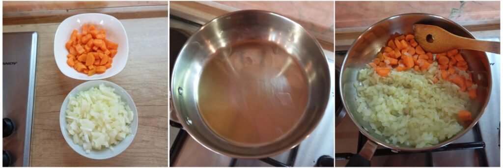 Onions and carrots sautéing in olive oil in a wide pan, softening and turning golden.