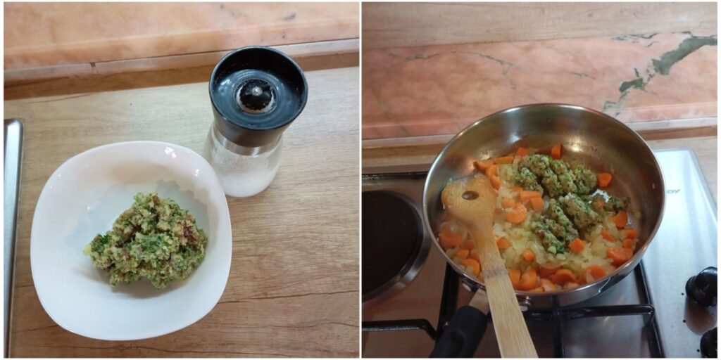 Chopped bacon, garlic, and parsley mixture being added to sautéed onions and carrots in the pan.