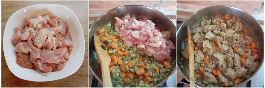 Beef pieces added to the pan, mixing with the vegetable and bacon mixture while releasing juices.
