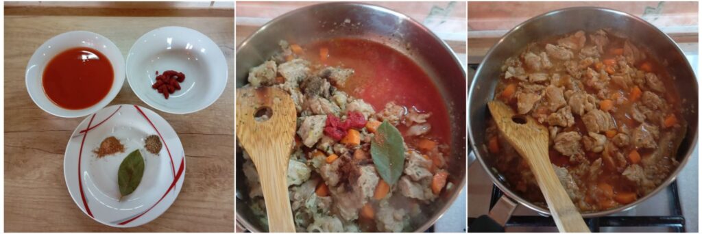 Tomato passata and paste added to the pan with spices, bay leaf, and warm water.