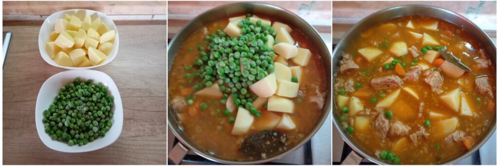 Stew simmering in a wide pan with beef, potatoes, peas, and vegetables, covered and cooking evenly.