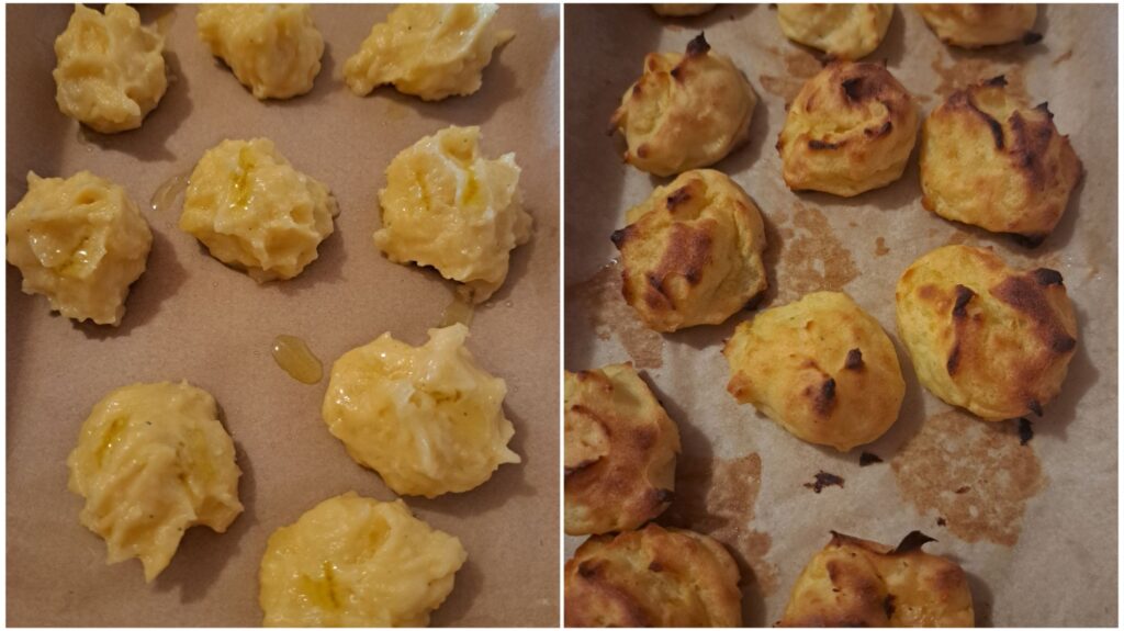 Potato balls arranged on parchment paper before and after baking showing the soft and golden texture.