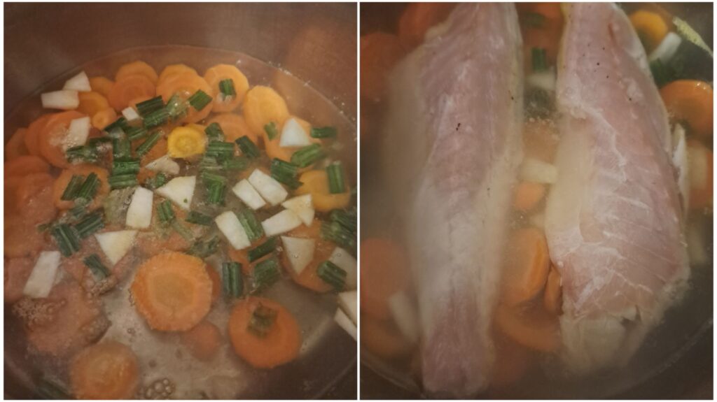 Carrots and celery simmering in water beside fish fillets being added to the pot.