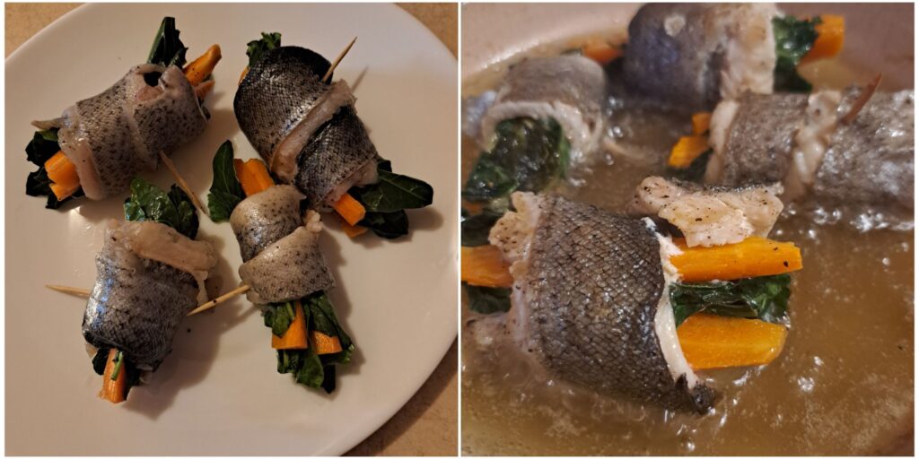 Fresh Fish Rolls with Carrot and Spinach before cooking and while being lightly fried in a pan.