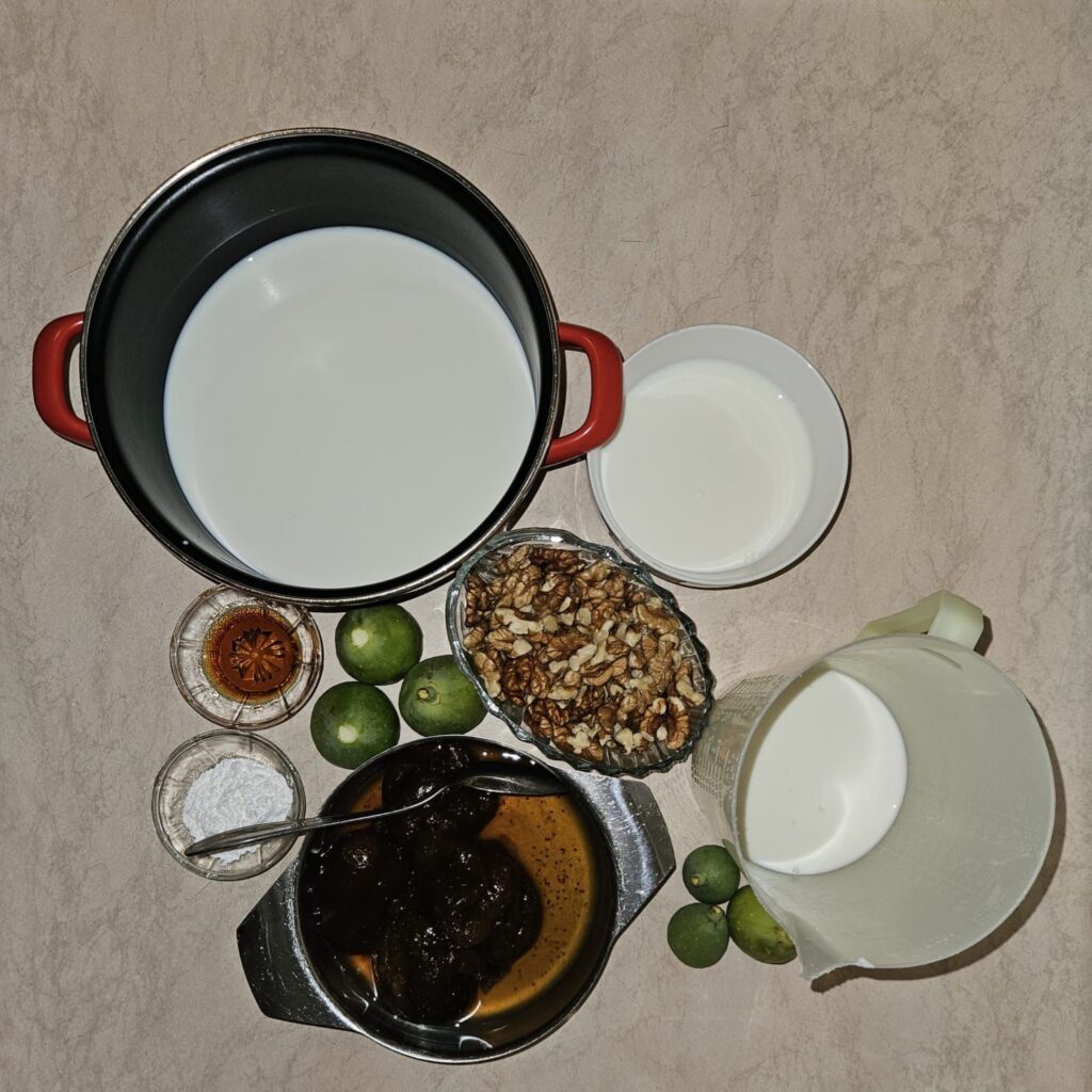 Ingredients for green fig ice cream: milk, yogurt, fig preserve, walnuts, sugar, and cornstarch.