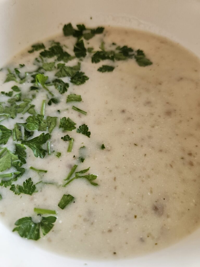 Close-up of creamy porcini mushroom soup served in a bowl with rich texture and smooth surface.