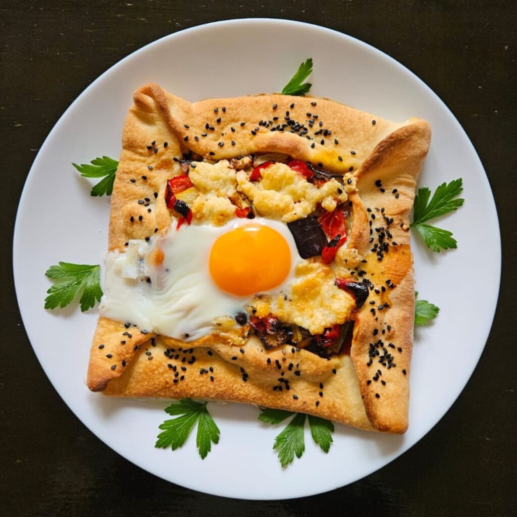 Rustic Egg Veggie Galette served with roasted eggplant, red peppers, white cheese, and a sunny-side-up egg on a plate.