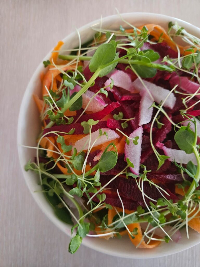 Close-up of Carrot Beetroot Radish Salad with Microgreens showcasing its bright and fresh colors.