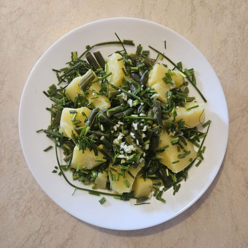 A neatly served plate of boiled potatoes, green beans, and fresh chives garnished with parsley and olive oil.