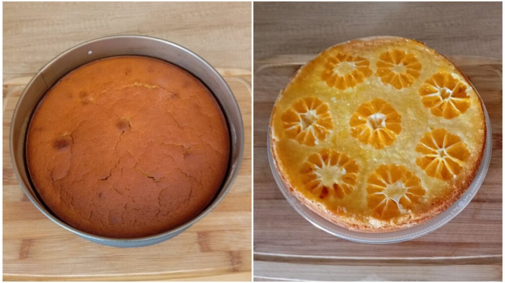 Simple Juicy Mandarin Cake baked and inverted onto a plate, showing glossy mandarin layer.