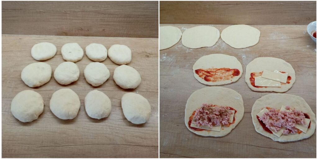 Rolling dough balls into circles and adding ketchup, gouda, ham, oregano, and sour cream for folded pizzas.