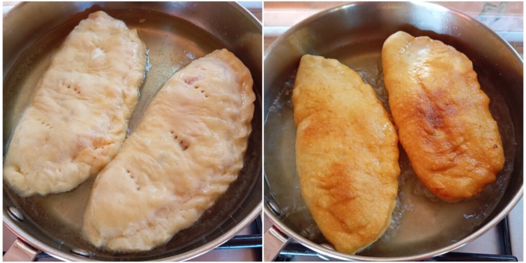 Golden folded ham pizzas sizzling in hot oil, turning crispy and ready to serve.