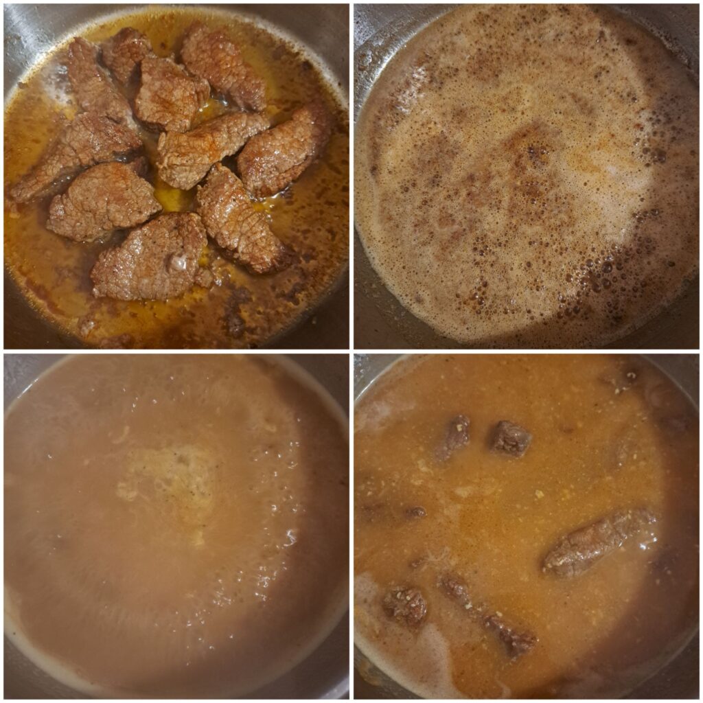 Step-by-step process: searing beef slices in olive oil, adding flour for a golden base, pouring in beef broth to create the gravy, and simmering the beef until tender and richly coated.