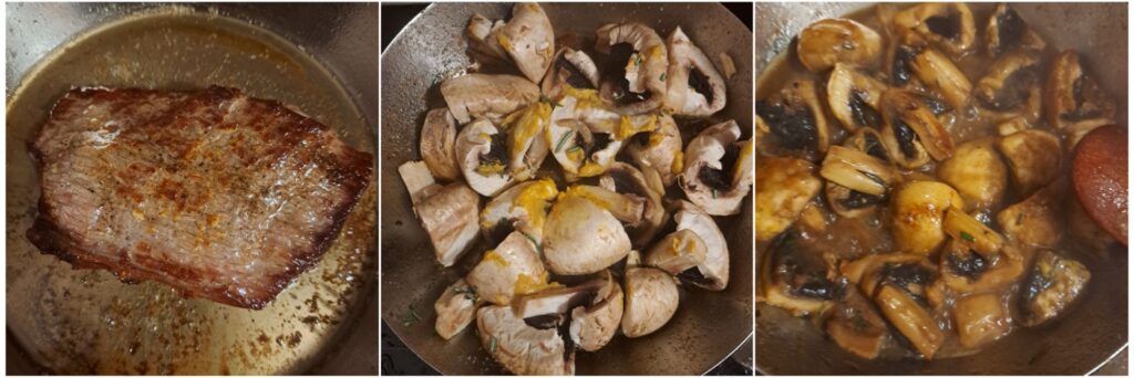 Cooking process: beef is pan-seared and removed, then mushrooms are sautéed in the same pan with rosemary and mustard.