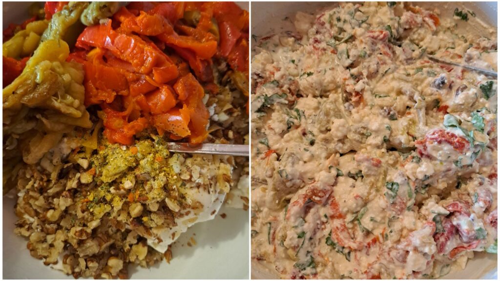 Mixture in a deep bowl before and after mixing, showing ingredients coming together.