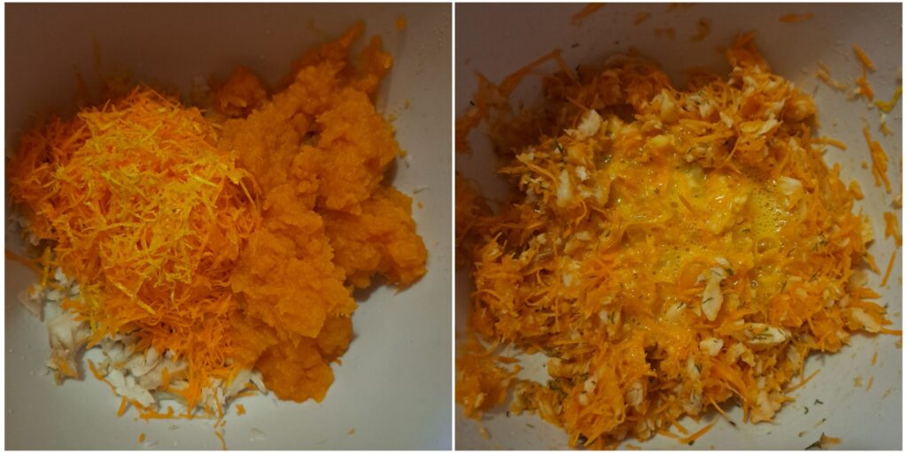 Chopped boiled fish, mashed sweet potato, and grated carrot in a bowl, with added egg, flour, and spices before mixing.