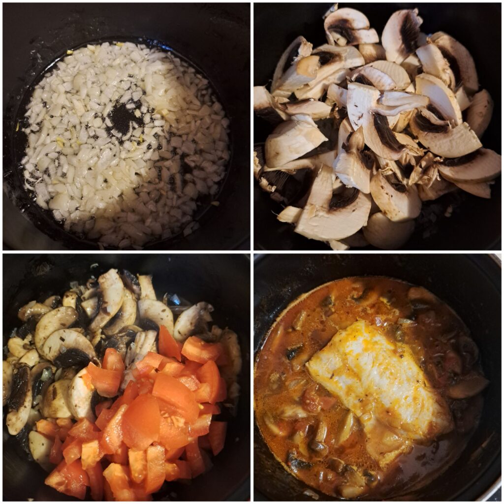 Step-by-step collage showing onion sauté, adding mushrooms, tomatoes, and fish fillet in the pan.