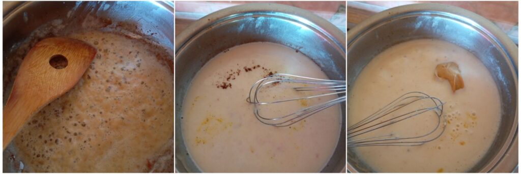 Three-step view of preparing the sauce: adding flour to the pan, then pouring milk and finally mixing in mustard, orange juice, and seasonings.