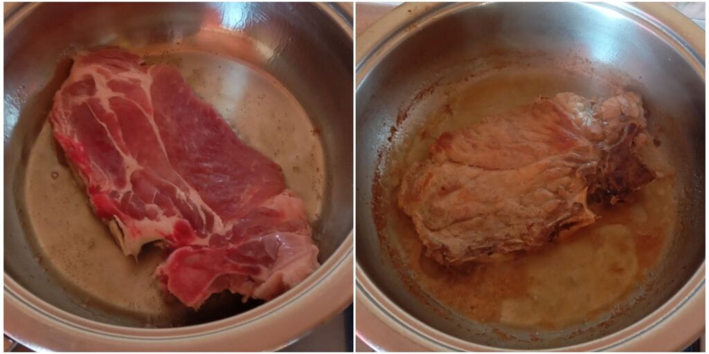 Two-step view of searing the pork neck: first showing the meat at the start of frying, then the cooked pork neck after the added water has evaporated.