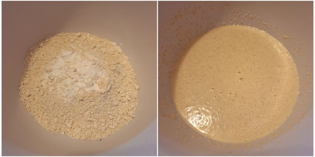 Two-step preparation: oat flour and baking powder in a bowl, then all ingredients mixed into a smooth batter.