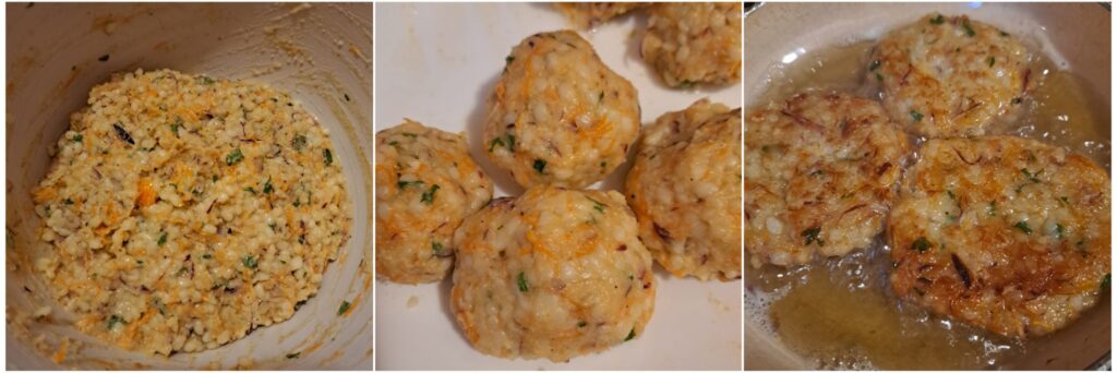 Mixture for millet patties in a bowl, shaped balls, and frying process on the pan.