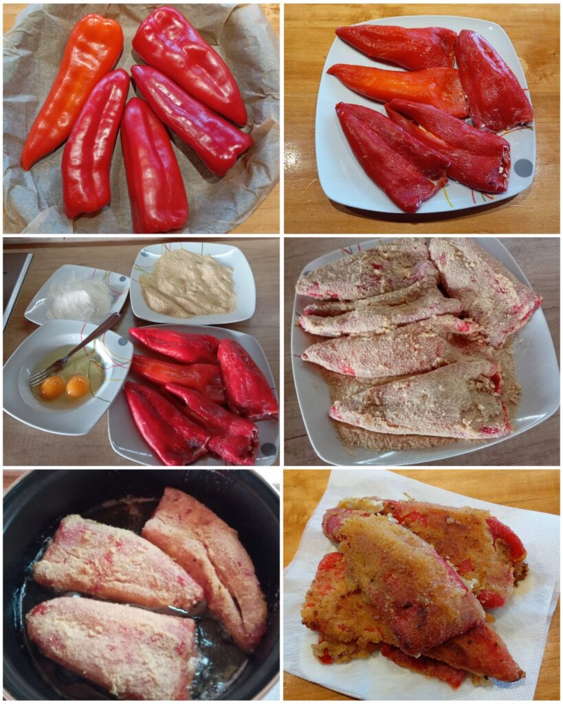 Step-by-step images showing roasting, peeling, filling with feta, breading, and frying red peppers for the Pork Peppers Potatoes Combo.