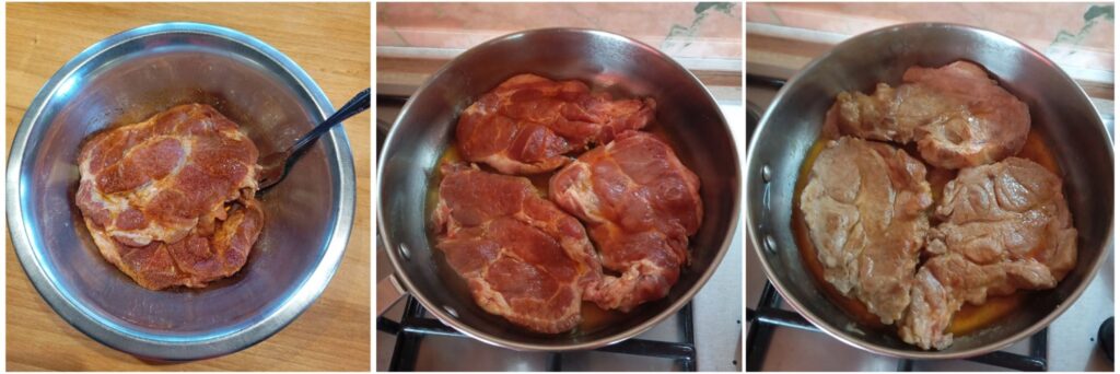 Three-step process showing pork medallions being seasoned in a bowl, fried in a pan, and simmered with water until fully cooked.