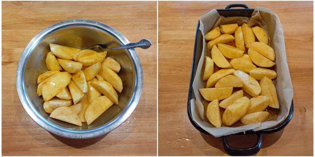 Two-step images showing cut and seasoned potatoes in a bowl and arranged in a baking tray ready for roasting.