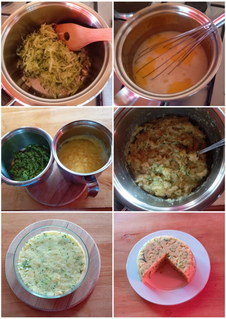 Multiple steps showing cooking polenta, grating zucchini, sautéing garlic and zucchini, and mixing them in a bowl.
