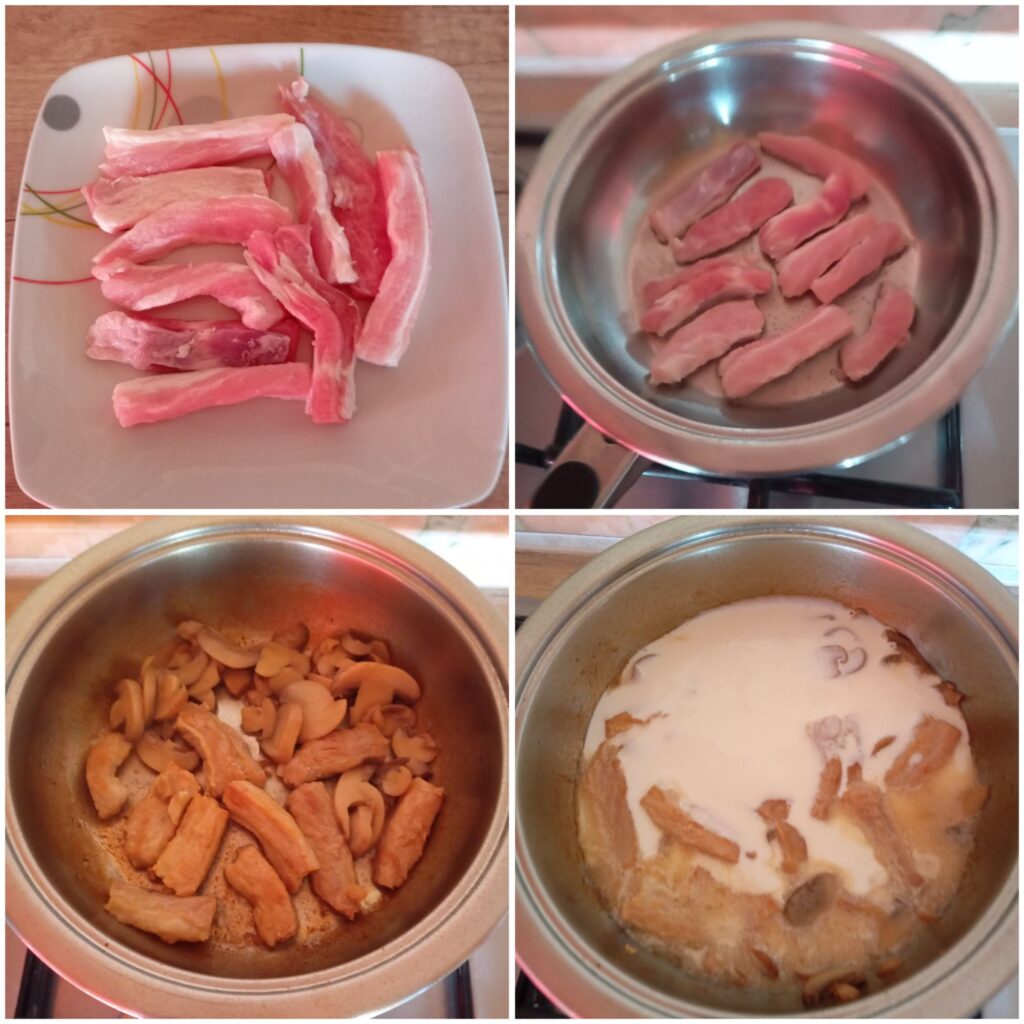 Multiple steps showing cutting pork, frying meat, adding mushrooms, and stirring in cooking cream with seasoning.