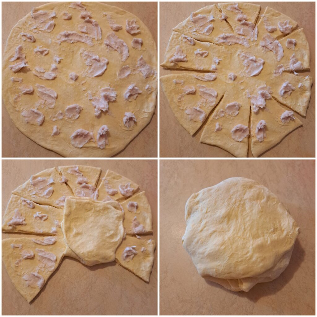 Sequence of images showing rolled dough spread with lard, cut at the sides, and folded toward the center.